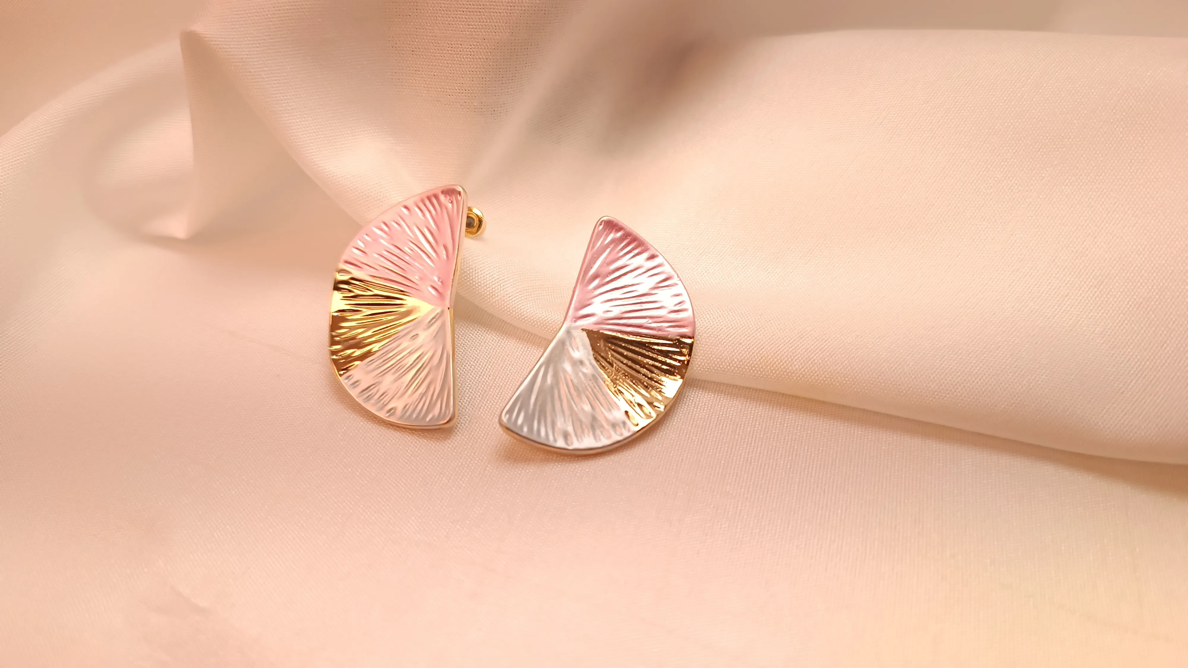 Elegant Pink, White & Gold Tricolor Fan Earrings – Ribbed Semi-Circle Statement Studs in Stainless Steel